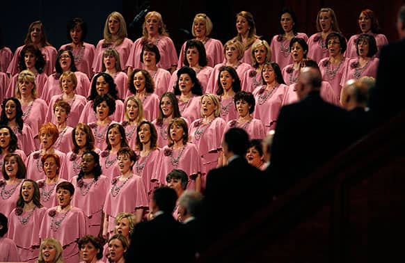 The Mormon Tabernacle Choir sings to end the morning session of the second day of the 183rd Church of Jesus Christ of Latter-day Saints General Conference in Salt Lake City.