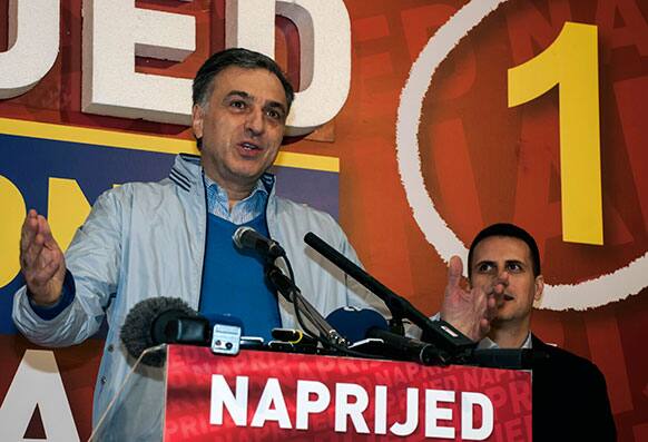 Presidential candidate and current Montenegrin President Filip Vujanovic addresses his supporters after his headquarters claimed victory in Podgorica, Montenegro.