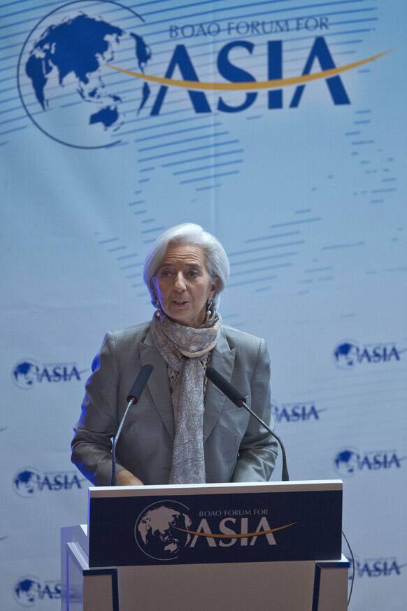 Managing Director of the International Monetary Fund Christine Lagarde speaks at a dialogue meeting during the annual Boao Forum in Boao, in southern China`s Hainan province.