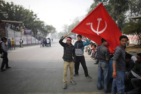 Activists of Nepalese political parties opposed to the caretaker government block traffic during a general strike in Katmandu.