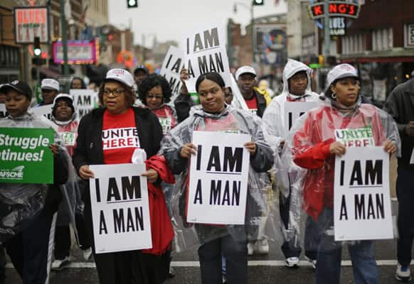 Demonstrators march to the National Civil Rights Museum, in Memphis, Tenn. Labor groups marched to call for better conditions on the 45th anniversary of the killing of King`s father, Dr. Martin Luther King Jr., who as assassinated April 4, 1968, while he was in Memphis to support striking sanitation workers.
