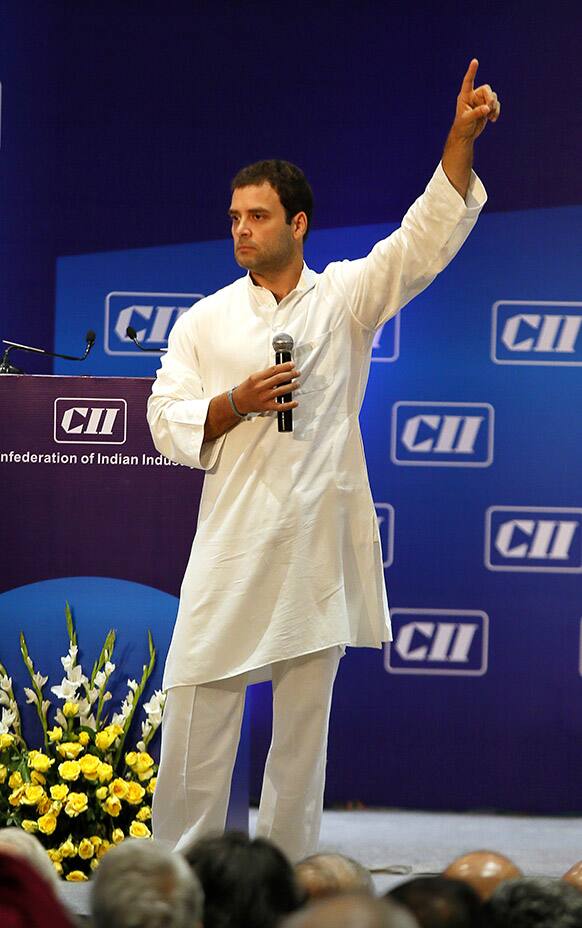 Congress party leader Rahul Gandhi speaks to business leaders at the annual General Meeting of the Confederation of Indian Industry in New Delhi.