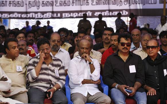 Tamil movie stars, including superstar Rajnikanth, sit during a day long fast in Chennai, demanding probe into alleged wartime abuses by Sri Lanka.