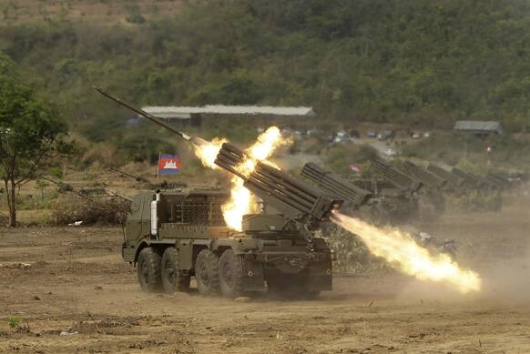 Cambodian army multiple rocket launchers are test fired at Phnom Sruoch complex of Cambodian army base, in Kampong Speu province, some 65 kilometers (40 miles) southwest of Phnom Penh, Cambodia.
