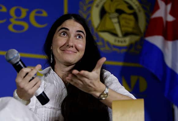 Blogger and activist Yoani Sanchez, of Cuba, speaks at the Freedom Tower of Miami Dade College, in Miami.