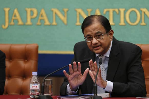 Finance Minister Palaniappan Chidambaram speaks during a press conference at the Japan National Press Club in Tokyo.