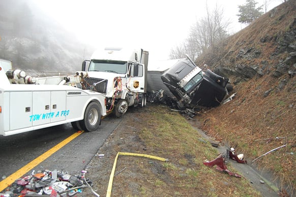This photo provided by the Virginia State Police shows the scene following a 75-vehicle pileup on Interstate 77 near the Virginia-North Carolina border in Galax, Va.