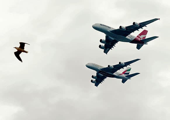 A gull flies near a Qantas, top, and Emirates A380 as they fly in formation over Sydney Harbour in Sydney, Australia.