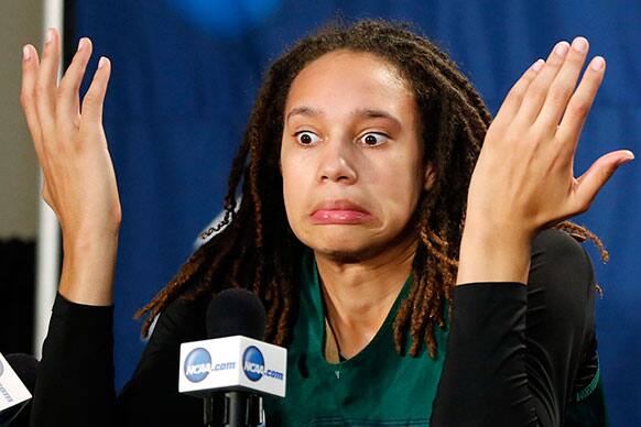 Baylor`s Brittney Griner gestures as she answers a question during a news conference for a regional semifinal in the women`s NCAA college basketball tournament in Oklahoma City.
