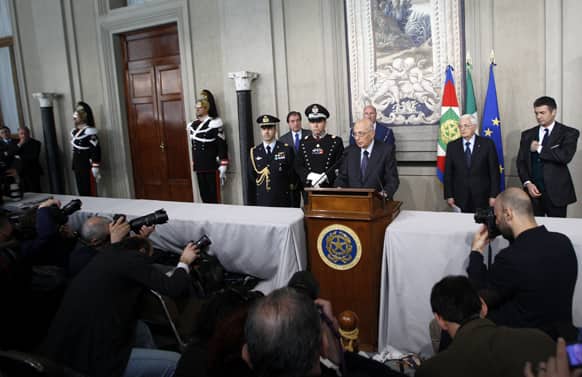 Italian President Giorgio Napolitano meets reporters at the Quirinale presidential palace in Rome.
