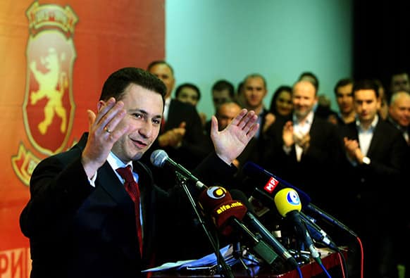 Macedonia`s Prime Minister Nikola Gruevski speaks during a press conference in celebration of his party`s victory in local elections, in downtown Skopje, Macedonia.