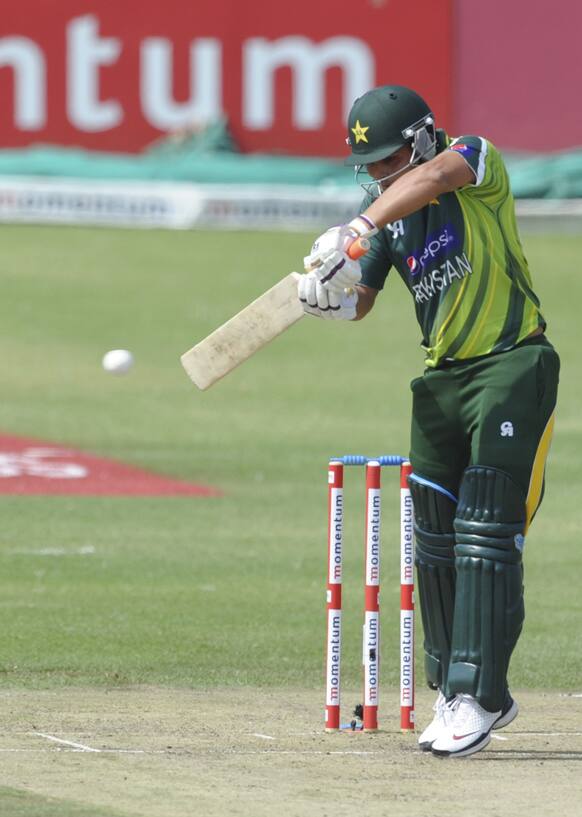 Pakistan`s Umar Akmal plays a shot during their one-day international cricket match against South Africa in Benoni, South Africa.