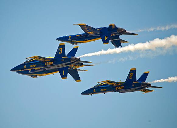 The US Navy`s Blue Angels perform their precision aerobatics over the Florida Keys during the Southernmost Air Spectacular at Naval Air Station Key West in Key West, Fla.