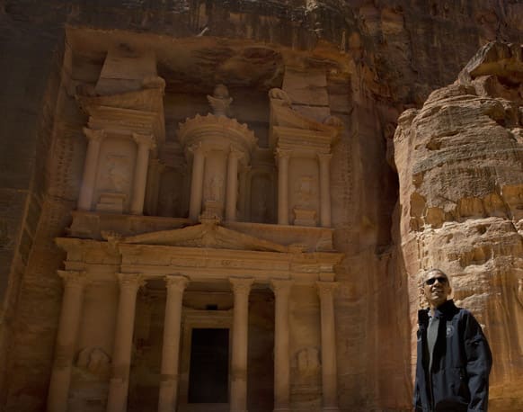 US President Barack Obama stops to look at the Treasury during his tour of the ancient city of Petra, Jordan.