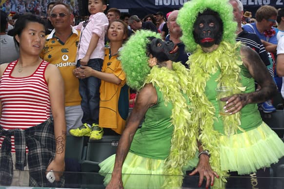 Rugby fans dressed as gorilla during the second day of Hong Kong Sevens rugby tournament in Hong Kong.
