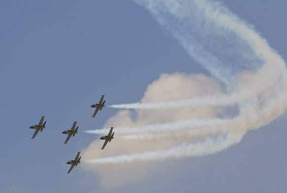 Breitling Jet Team flight demonstration team performs an aerobatic flight on Royal Thai Air Force Day in Bangkok, Thailand.