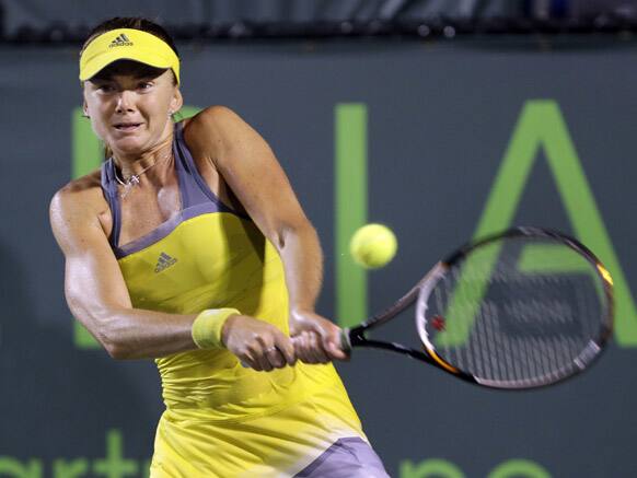 Daniela Hantuchova of Slovakia, returns a shot from Sara Errani of Italy, during the Sony Open tennis tournament.