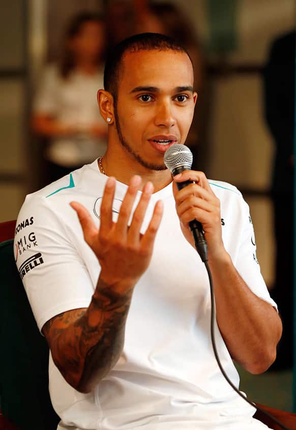 Mercedes driver Lewis Hamilton of Britain speaks during a press conference ahead of Malaysian Formula One Grand Prix in Kuala Lumpur, Malaysia.