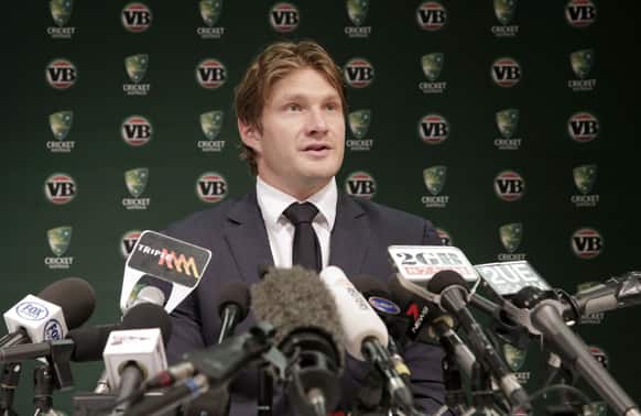 Australia`s cricket vice-captain Shane Watson speaks to the media at Sydney Airport, Australia.