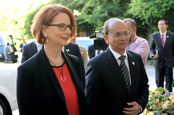 President of Myanmar Thein Sein, right, meets with Australian Prime Minister Julia Gillard at Parliament House in Canberra, Australia. Thein is on a three day visit to Australia.