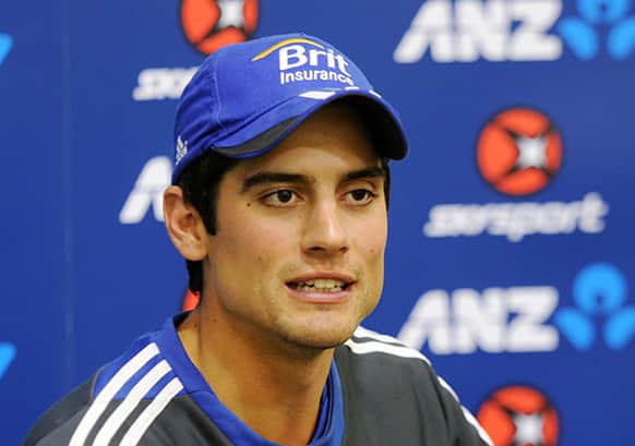 England`s captain Alastair Cook attends a press conference after rain canceled their match against New Zealand on the fifth day of the second international cricket test, at Basin Reserve, in Wellington, New Zealand.