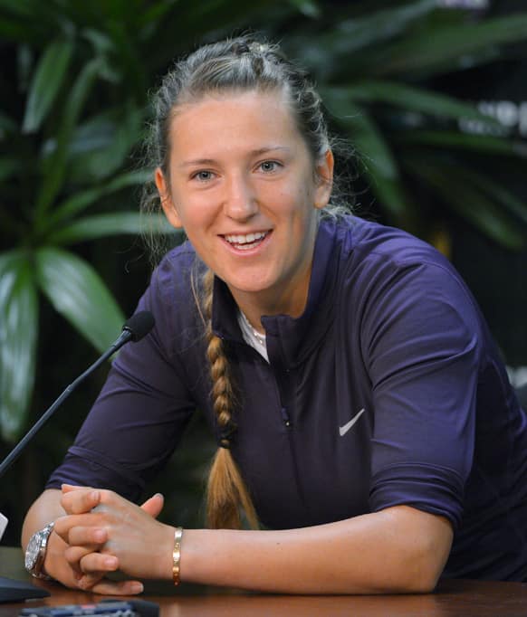 Victoria Azarenka, of Belarus, speaks during a news conference to announce that she had withdrawn from the BNP Paribas Open tennis tournament due to a right ankle injury.