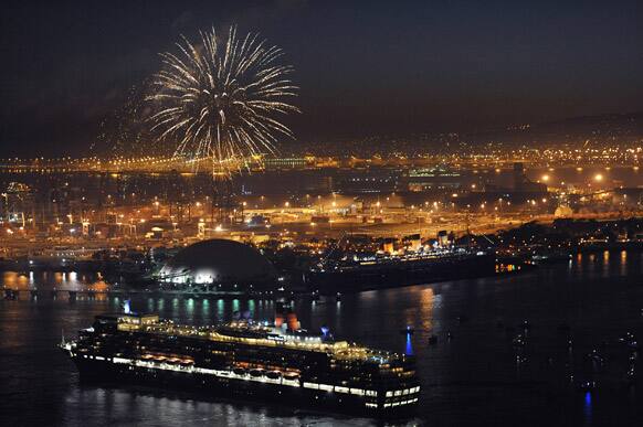Cunard’s ocean liner Queen Elizabeth meets her docked sister ship Queen Mary for a Cunard Royal Rendezvous in Long Beach, Calif.