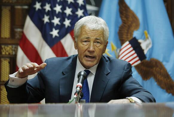 US Secretary of Defense Chuck Hagel speaks to the press following his meeting with Afghanistan`s President Hamid Karzai in Kabul, Afghanistan.