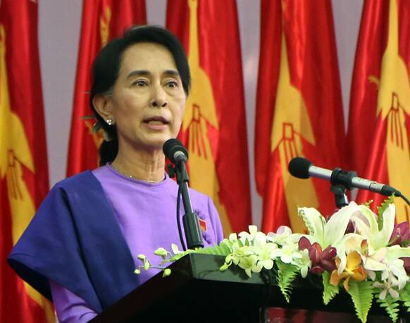 Myanmar`s opposition leader Aung San Suu Kyi speaks during the second day session of first ever congress of her National League for Democracy party at Royal Rose restaurant in Yangon, Myanmar.
