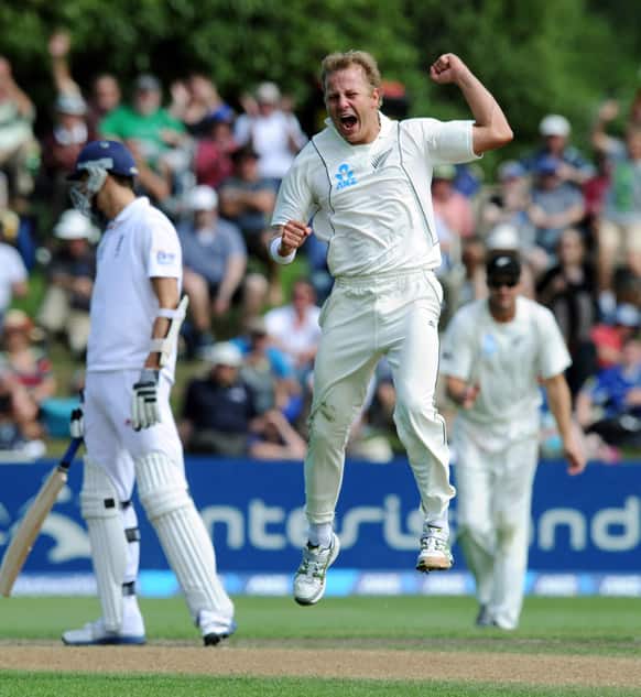 New Zealand`s Neil Wagner celebrates the dismissal of England`s Kevin Pietersen caught B J Watling for 12 on the fifth day of the first international cricket test, at University Oval, in Dunedin, New Zealand.
