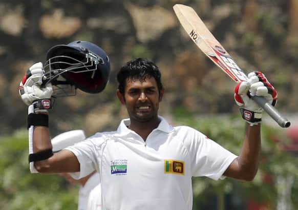Sri Lanka`s Lahiru Thirimanne celebrates scoring a century during the second day of the first test cricket match against Bangladesh in Galle, Sri Lanka.