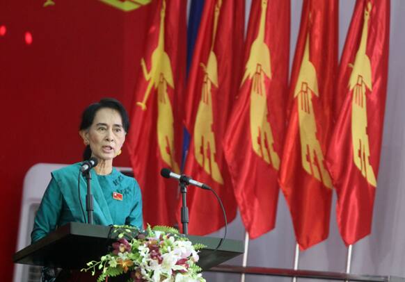 Myanmar opposition leader Aung San Suu Kyi speaks during the first day session of the first ever congress of her National League for Democracy (NLD) at Royal Rose restaurant in Yangon, Myanmar.