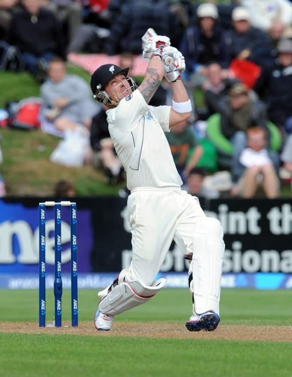 New Zealand`s Brendan McCullum skies the ball to be caught by England`s James Anderson for 74 off the bowling of Stuart Broad on the fourth day of the 1st international cricket Test, University Oval, Dunedin, New Zealand.