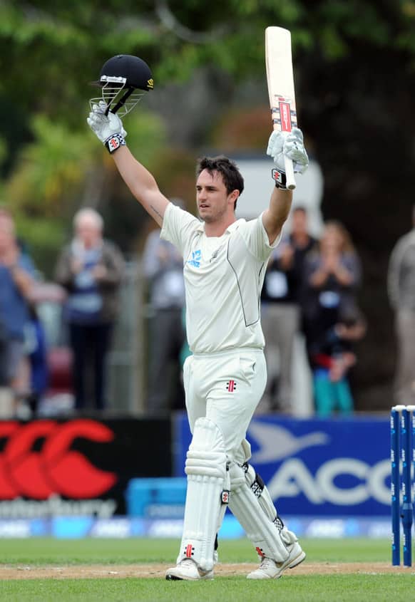 New Zealand`s Hamish Rutherford celebrates his maiden test century, against England on the third day of the 1st international cricket test, University Oval, Dunedin, New Zealand.