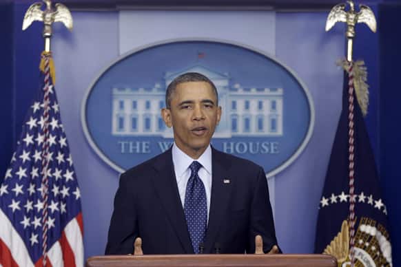 President Barack Obama speaks to reporters in the White House briefing room in Washington, following after meeting with congressional leaders regarding the automatic spending cuts.