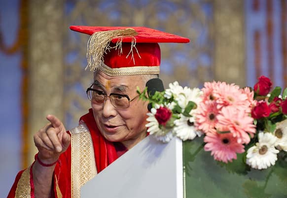Tibetan spiritual leader the Dalai Lama speaks during the convocation ceremony of Central University of Himachal Pradesh near Dharmsala.