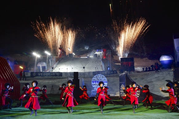Chechen dancers perform during the opening ceremony of an all-season mountain ski resort in Veduchi, 100 km south of the regional capital Grozny.