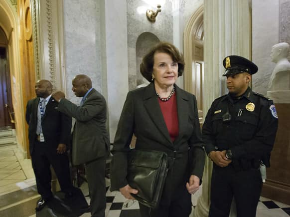 Senate Intelligence Committee Chairman Dianne Feinstein, D-Calif., leaves the Senate floor after the vote to confirm President Barack Obama’s choice of Chuck Hagel to head the Defense Department after a protracted political fight, at the Capitol in Washington.