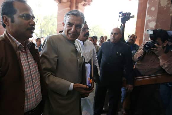 Railway Minister Pawan Kumar Bansal arrives at the Indian Parliament to present the annual railway budget in New Delhi.