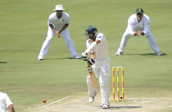 Pakistan`s Azhar Ali, plays a defensive shot against South Africa, during the third day of the 3rd cricket test match, in Pretoria, South Africa.