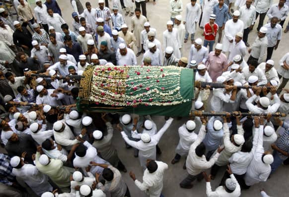 Relatives and others carry the coffin of Aijaz Ahmed, killed in Thursday’s explosion, during his funeral in Hyderabad.