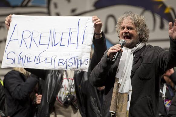 Italian comic-turned-political agitator Beppe Grillo, leader of the anti-establishment 5 Star Movement, delivers his speech during a final rally in view of the upcoming general elections, in Rome.