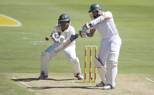 South Africa`s Hashim Amla plays a shot during the first day of the 3rd cricket test match in Pretoria, South Africa.