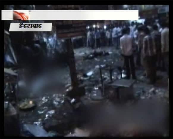 This TV grab shows the scene of a blast at Dilsukhnagar in Hyderabad. At least ten people were killed Thursday in a pair of explosions in crowded areas of the southern Indian city of Hyderabad, police said. More were feared dead and injured.