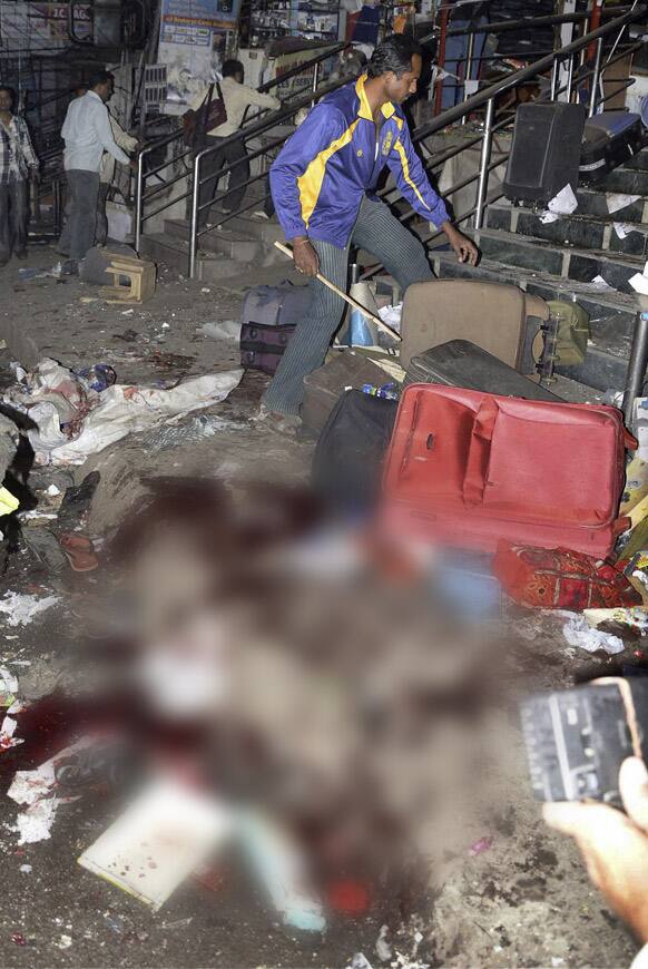 The scene of a blast at Dilsukhnagar in Hyderabad. At least ten people were killed Thursday in a pair of explosions in crowded areas of the southern Indian city of Hyderabad, police said. More were feared dead and injured.