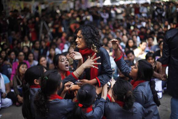 Volunteers perform a skit as women`s groups gather near Indian parliament to protest a new sexual violence law as the parliament convenes in New Delhi.