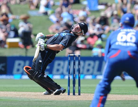 New Zealand`s Hamish Rutherford ducks a bouncer from England`s Steven Finn in the the second one day international cricket match at McLean Park in Napier, New Zealand.