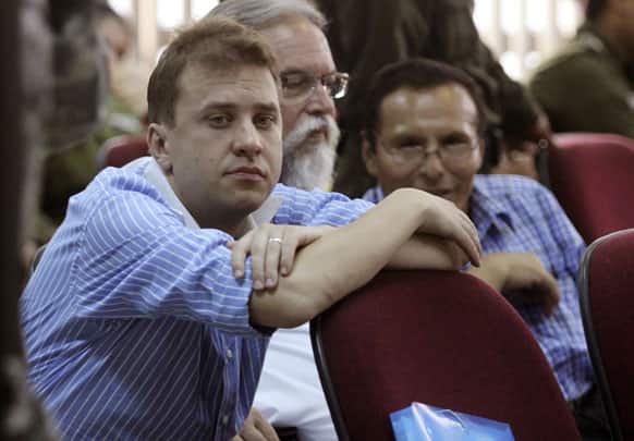 Elod Toaso, left, of Hungary, attends his trial in Santa Cruz, Bolivia. Toaso along with Bolivian-Croatian citizen Mario Tadic, not in picture, face terrorism charges for an alleged 2009 plot to kill Bolivia`s President Evo Morales.