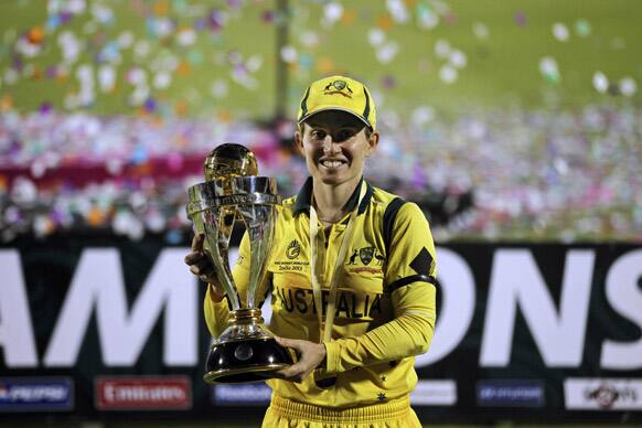 Australia`s captian Jodie Fields poses with the trophy after the team won the ICC Women`s cricket World Cup in Mumbai.