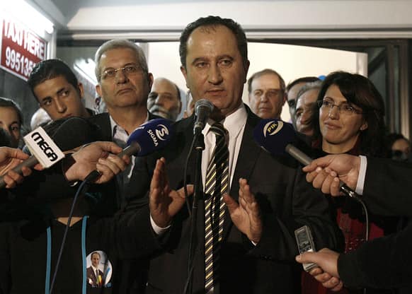 Left-wing presidential candidate Stavros Malas speaks to the media during a Presidential election address in Nicosia, Cyprus.